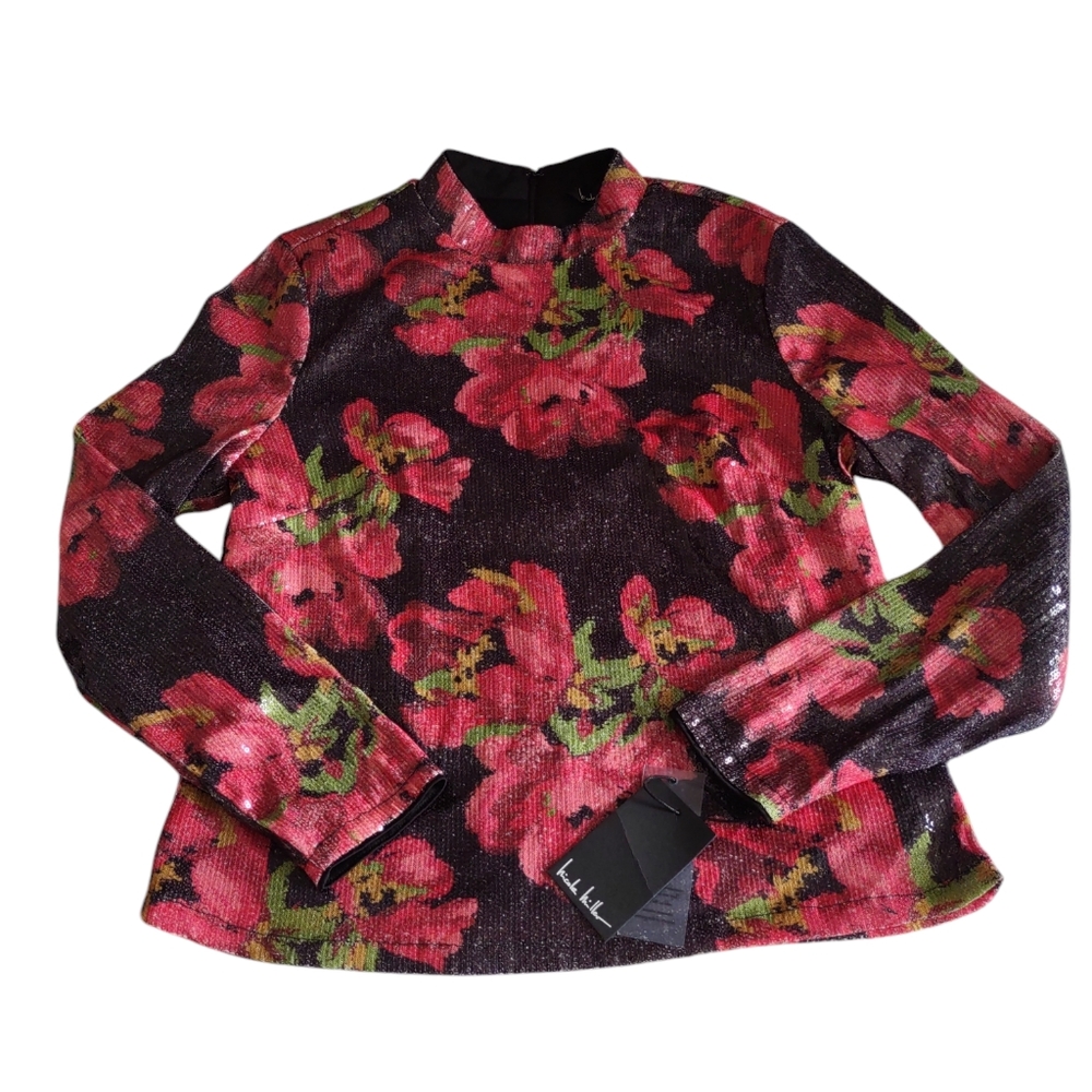 NWT Nicole Miller Medium Floral Sequin Top